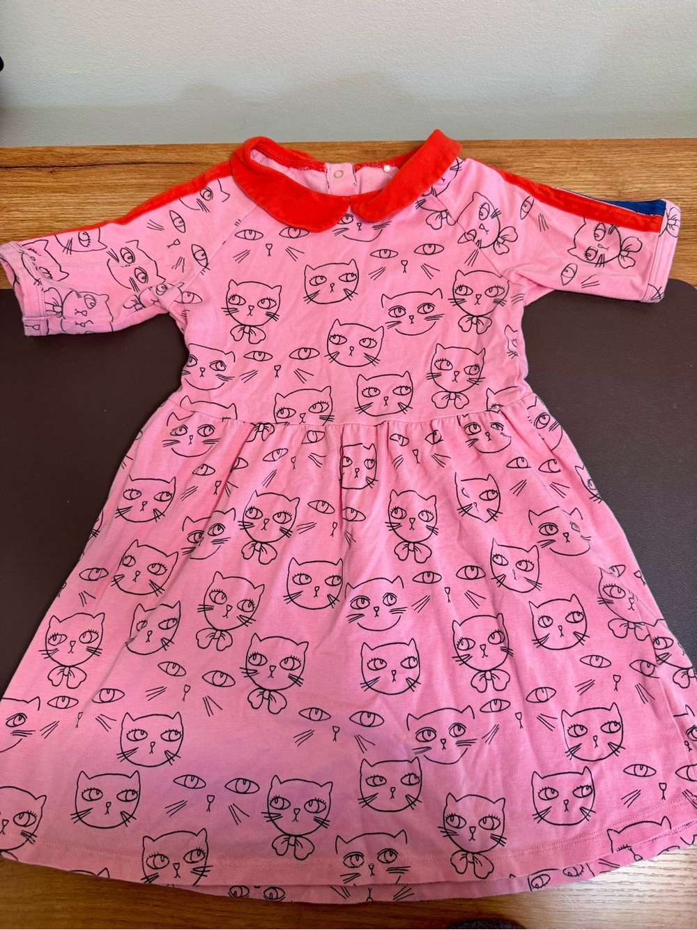 Mini Rodini Pink Cat Print Dress with Red Collar